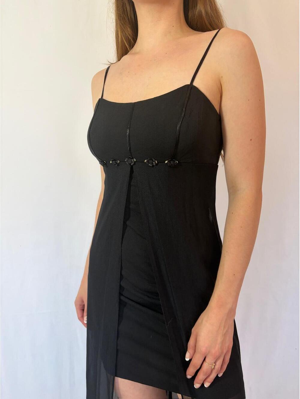 Vintage Blondie Nites Black Rosette Mesh Overlay High Low Evening Gown - Picture 5 of 7